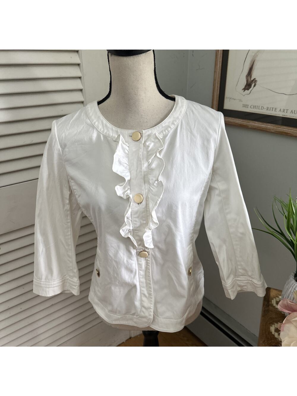 Talbots Jacket Womens 8P White Ruffle 3/4 Sleeve Dainty Preppy Coastal Summer